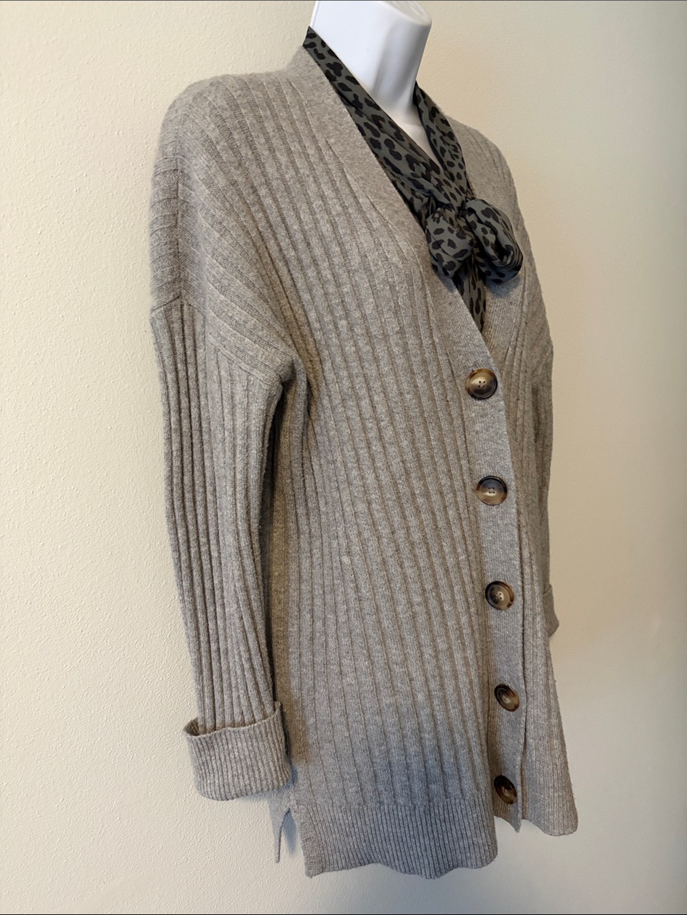 LOFT Gray Ribbed V-Neck Button-Front Cardigan - Picture 3 of 5
